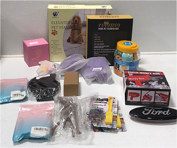 (1) Foreyy Elevated Pet Stand (1) Slow Feeder/Water Bowl/ Non-slip Food Mat (1) Waste Bag Value Pack (3) Various Dog Toys (1) Training Collar (1) Brushing Mit and More SP2