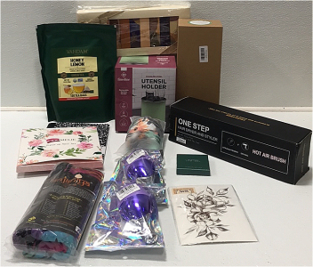 (1) One Step Hair Dryer and Styler (1) Stainless Steel Utensil Holder (1) Shower Caddie (2) Ice Rollers (1) Sun and Moon Rainbow Tapestry (1) Nail Art Kit and More SP17