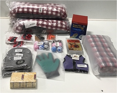 (3) Soft Plush Pet Beds (1) Pet Blanket (3) M Muzzles (1) Short Snout Muzzle (1) Glove Pet Brush (2) Collars w/ Bells and AirTag Case (2) 6-pcs Cat Toy and More SP17