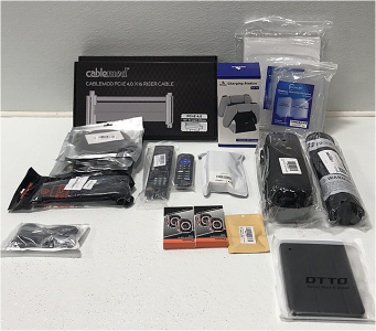 (2) Cablemod Pche 4.0x16 Riser Cable (4) Ethernet Cable (1) Modular Output Cable (2) Raplacement Remotes (1) Gaming Controller Charging Station (1) Large Mouse Pad (1) Tablet Case and More SP19