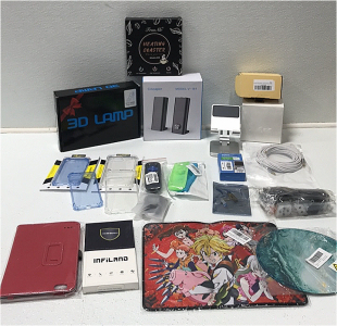(1) Cilicaper Computer Speakers (1) 3-D Lamp (1) Heating Coaster (1) Tablet Stand (1) Phone Mount for Car (5) Cell Phone Cases (1) Tablet Case (1) Roku Tv Remote (1) 2-pcs Remote Cases (2) Mouse Pads and More SP19