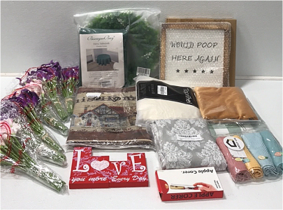 (2) Bathroom Wall Decor (1) Front Door Mat (1) Curtains (1) Table Cloth (2) Throw Pillow Covers (1) Throw Blanket (1) 4-pcs Dish Towels (6) Bunches of Fake Flowers (1) Faux Plant Wreath and More SP19
