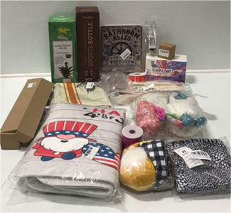 (1) Coir Totem Pole Kit (1) Insulated Sports Bottle (1) Acrylic Plastic Wrap Dispenser (1) 4th of July Gnome Floor Mats (2) 2-piece Stuffed Gnome Decorations (1) Womens M Jumper and More SP17