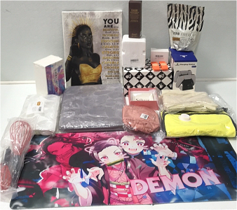 (1) Demon Slayer Large Mouse Pad (2) Gaming Controller Charging Dock (1) Microfiber Cloths (1) Plush Floor Mat (1) Makeup Bag (1) Teapot (1) Coffee Mug (1) Canvas Wall Decor (1) Throw Pillow Covers (1) Heart-shaped Soap Molds and More SP19
