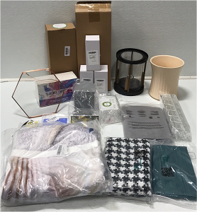 (1) Dry Mop (1) Shower Caddie (1) Soap Dish (1) Hexagon Hangin Wall Decor (3) Various Throw Pillow Cover (1) Lantern Lamp (1) Ceramic Vase (1) Throw Blanket (1) Detergent Holder SP19