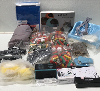 (1) Cat Bed (1) Litter Box (3) Bird Cage Perch Kits (1) Washable Cage Liners (3) Collars (1) Reptile Heat Lamp and More Various Pet Supplies SP17