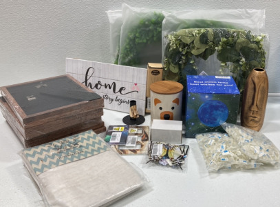 Artificial Wreaths, Moon Lamp, Reed Diffuser, &ldquo;Home&rdquo; Wood Sign, Picture Frames, Curtains, Plant Clips, Face Vase, Metal Jar w/ Lid, Candle Stick Holder, Light Switch Plates, Butterfly Decor, Music Box SP15