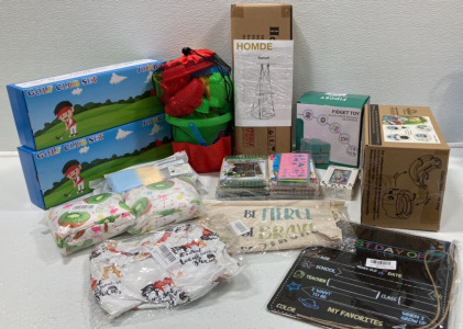 Hanging Tent, Beach Toys, (2) Golf Club Sets, Fidget Toys, Kids Headbands, Travel Potty, First/Last Day Of Sign, Hocus Pocus Outfit, (2) Car Seat Covers, Scratch Notebooks, Dino Cloth Sign SP16