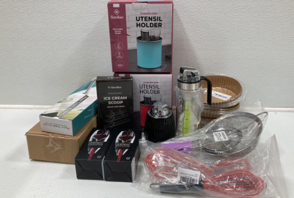(2) Utensil Holders, (3) Air Fryer Parchment, Oil Dispenser Bottle, Soap Dispenser, Ice Cream Scoop, Paper Towel Holder, Spice Rack, Set of 3 Strainers, Set of 3 Whisks, (2) Wine Aerators SP16