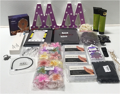 (1) LED Strip Lights (1) Laptop Stand (2) Letter Signs (2) Tablet Cases (1) Phone Case (3) Professional Nail Forms (1) Nail Stickers (1) Wig Edge Band (1) Hair Bun Piece and More Personal Care Items