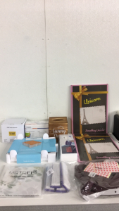 (2) Unicorn Post Cards-(10) Organizer Trays-(2) packs of Masks-Sunny Day Box and more SP4