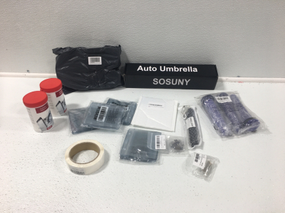 Auto Umbrella , Vaccum Filters, Sewing Needles, Button Pins, (4) Packs of ID Holders, (2) Entkalker Detartrant, Remote For Fan , Belts for Beltsander, LED Flashlight SP1