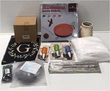 (1) All Seasons Heates BirdBath (3) Slow Drip Plant Watering Birds (1) Plant Pots (1) Ceramic Plant Holder (1) Plant Covers (1) 25-pcs Adjustable Plant Supports (1) Water Misting Hose (1) Heating Grills (1) Garden Flag SP19