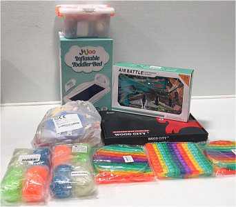 (1) Inflatable Toddler Bed (1) Air Battle Toy (2) Various Toy Kits (2) Wooden Map Puzzle (3) Popit (2) Luminescent Sticky Balls SP2