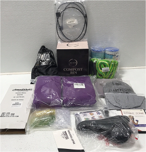(1) Compost Bin (1) Expandable Garden Hose (1) 2-pack Fabric Garden Raisers (2) Lawn Mower Part (1) Fireplace Bellow (1) Reusable Ice Cubes (1) Mosquito Repellent Patches (1) 2-pack Pool Filters and More SP19