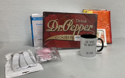 (1) Like Father Like Daughter Cup, (1) Dr Pepper Sign, (1) Pack of Pink Keychains, (2) Rainbow Pride Flags, and more SP1
