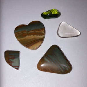 (3) Grey Jasper Gemstones, (1) Peridot Gemstone, +