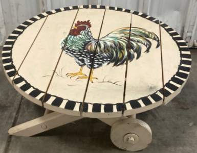 Wooden Table With Wheels, Rooster Design