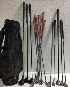 ((8) Titleist Model 90 Golf Irons (4) Various Brand irons (4) Golf Drivers hybrids (2) Golf Bag