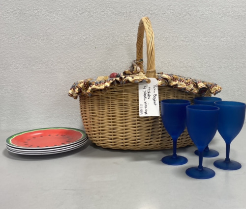 (1) Picnic Basket, (4) Wine Glasses, (4) Watermelon Plates