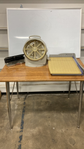 Flat Desk, White Board, Hole Puncher, Paper Cutter, Fan