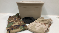 Storage Bin w/ Lid, (2) Camo Pants, Fanny Pack