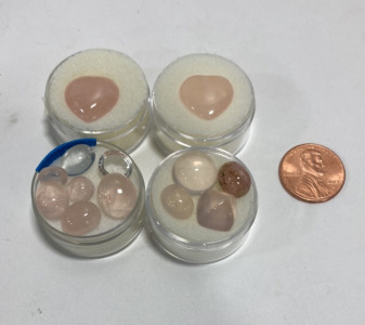 (2) Rose Quartz Hearts, (8) Rose Quartz Gemstones, (2) Clear Polished Gemstones