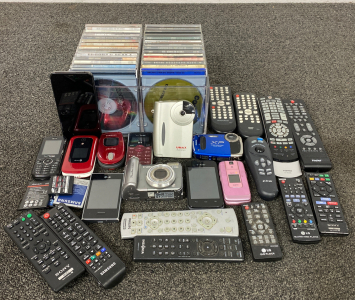 Assorted CDs, cameras, Remotes and more