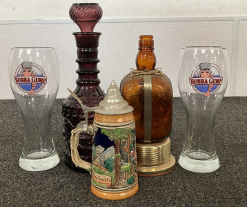 Beer Stein, Bubba Gump Shrimp Glasses And Vintage Bottles