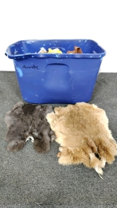 Real Fur Skins & Tote of Fabric Scraps and Feathers