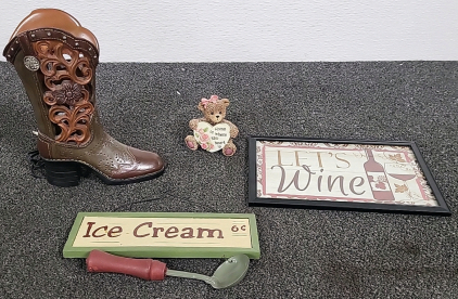 Ice Cream and Let's Wine Signs with Boot Lamp and Home is Where the Heart Is bear