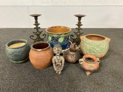 Pair of Iron Candle Stands and Pottery