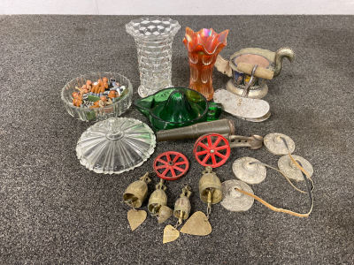 Assorted Glassware, Vintage Cast Iron Soldiers, Bells and More