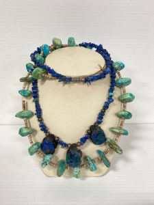 (2) Beautiful Beaded and Carved Turquoise And Lapis Necklaces