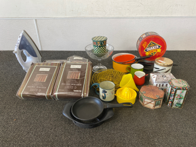 Assorted Home Goods Includes: Allen+ Roth Curtains, Kitchenware, Iron and More