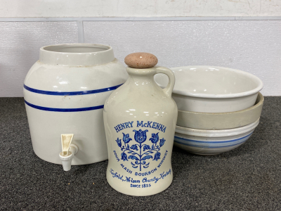 Assorted Stoneware Bowls, Decanter and Water Dispenser