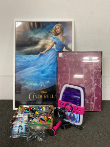 Cinderella Poster, Poster Frame, Legos and Karaoke Machine (Powers On)