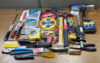 Box of Assorted Screw Drivers, Hammers, Clamp, Pliers and More