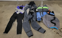 (2) Wet Suits, (1) Men's and (1) Women's, Pair of Diving Flippers, Water Shoes and More