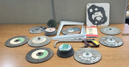 Assorted Grinding Wheels, Shelving Brackets, Drywall Sand Paper and More