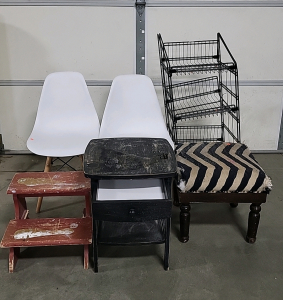 (2) White Plastic Desk Chairs, End Table, Ottoman, Wire Rach Shelving, and Wooden Step Stool