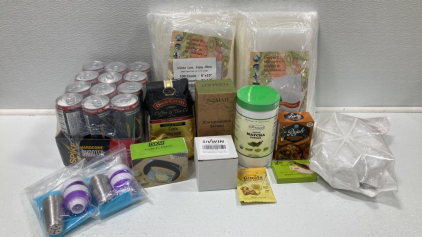 (2) Pack of 100 Vacuum Seal Kitchen Bags, Spike Energy Drinks, Door County Dark Voyage Coffee, Compostable Straws, Matcha Powder, Curry Powder, Lemon Ginger Honey Crystals, Garlic Press, Silicone Molds, Wasabi Grater, (2) Piping Pastry Bags, Oven Bulbs