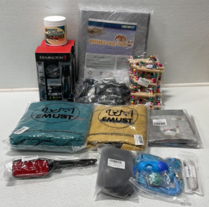 (1) Washable Cage Liners, (1) XXXL Dog Vest, (1) L Dog Vest, (1) Dog Muzzle, (1) Traction Leash and Collar, (1) Lint Brush, (2) Bird Ladders, (2) Hen Saddles, (2) Remington Hair Clipping Kit, and More Pet Items