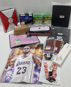 PS5 Lebron James Skin, iPad Pro 11 Case, iPad Pro 12.9 Case, (2) Ink Cartridges, (2) Cell Phone Cases, Sail Moon Switch Case, Large Desk Mat, Mouse Pad, (2) CPU Cooling Fans, (2) Set of 2 LED Flashlights, Trading Card Binder, Laptop Stand, AirPod Case and