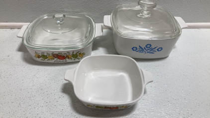 (3) Corning Ware Baking Dishes, (2) Glass Lids