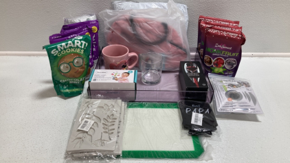 (7) Monk Fruit Sweetener, Smart! Cookies, Baby/Toddler, Training Cups, (2) Lunch Bags, Wine Aerator, Minnie Mouse Mug, Retired 2022 Glass, Serving Tray, Sink Drain Strainers, “Papa” Coozies, (3) Leaf Molds, Silicone Baking Mat