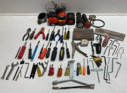 Various Hand Tools and Allen Wrenches, Tack-ler, Black and Decker Batteries, Flashlights and more