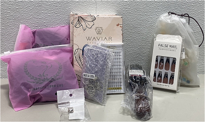 (3) Packs of Waviar Shoe Charms, (1) Pack of Glue On Nails, (1) Fur Trim, (2) Packs of Silver Rings, (2) Clip on Hair Buns, and more