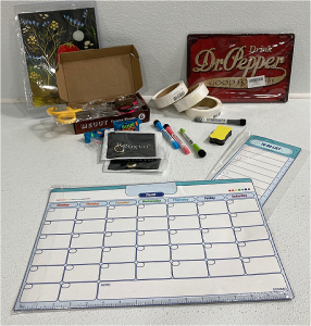 Whiteboard Calender and To Do List, Whiteboard Markers, Sissors, Tape, Keychains Wall Posters and More