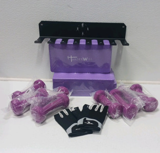 (2) Yoga Blocks (4) Sets Of Hand Weights (1) Pires Of Fingerless Gloves (1) Sport Storage Rack